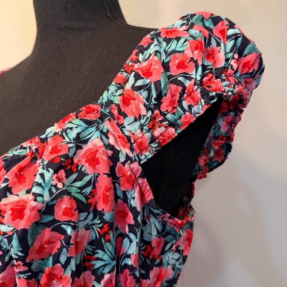 NWT Old Navy Womens M Pink Floral Smocked Waist Cap Sleeve Short Dress Tie‎ Neck - Picture 5 of 10